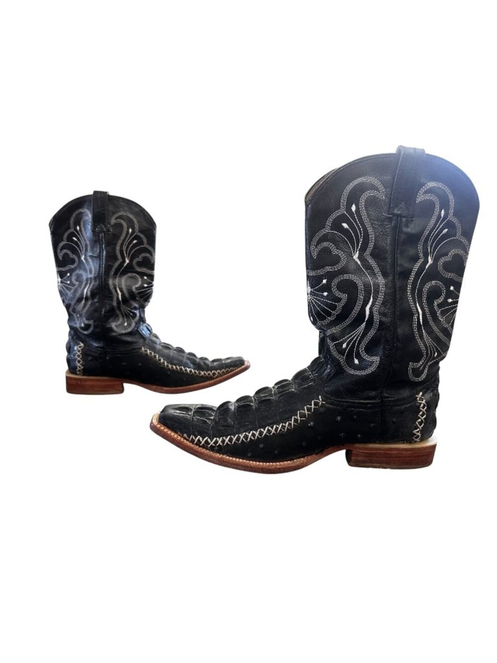 Tino Boots Leather Alligator Print Cowboy Boots Mens 10 Blak Embroidered Western